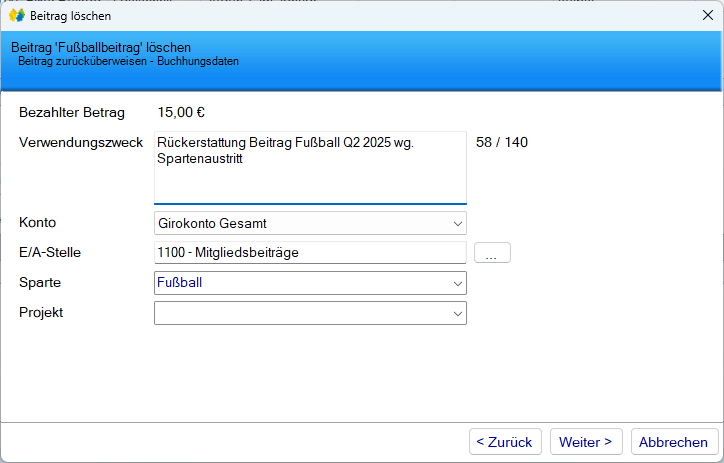 Mitgliedsdaten / Beitragsassistent / Entfernen - Zurücküberweisen Buchungsdetails