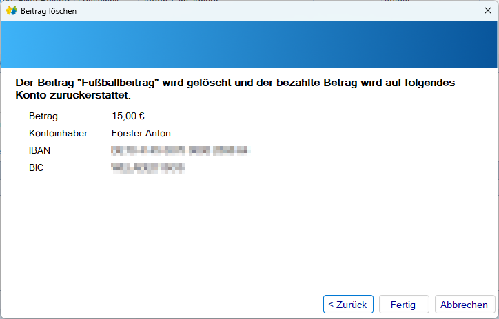 Mitgliedsdaten / Beitragsassistent / Entfernen - Zurücküberweisen Zusammenfassung