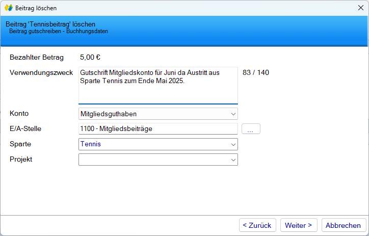 Mitgliedsdaten / Beitragsassistent / Entfernen - Gutschreiben Buchungsdetails