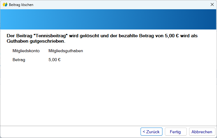Mitgliedsdaten / Beitragsassistent / Entfernen - Gutschreiben Zusammenfassung