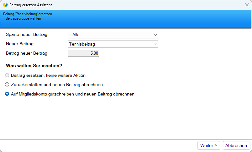 Mitgliedsdaten / Beitragsassistent/Ersetzen - Löschen/Ersetzen/Gutschreiben