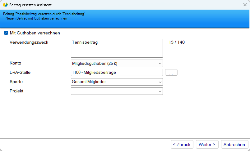 Mitgliedsdaten / Beitragsassistent/Ersetzen - Löschen/Ersetzen/Gutschreiben - Verrechnung
