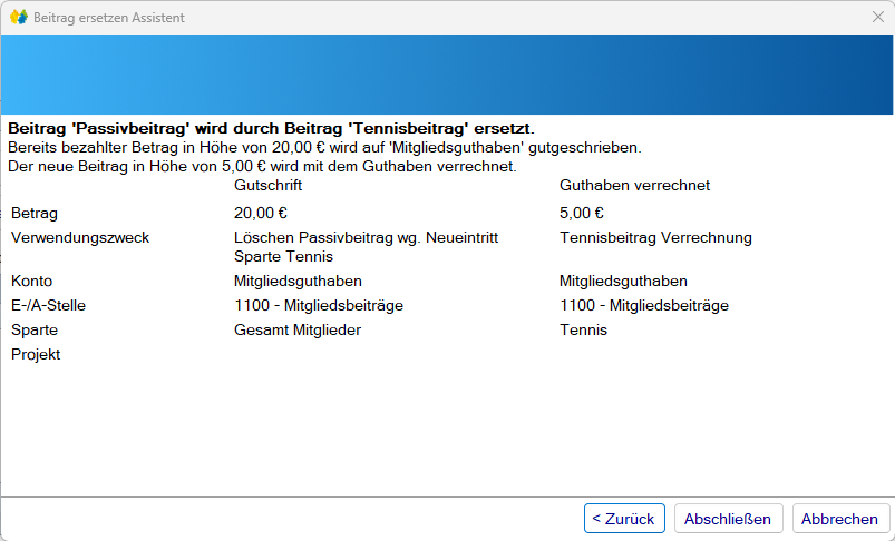Mitgliedsdaten / Beitragsassistent/Ersetzen - Löschen/Ersetzen/Gutschreiben - Zusammenfassung