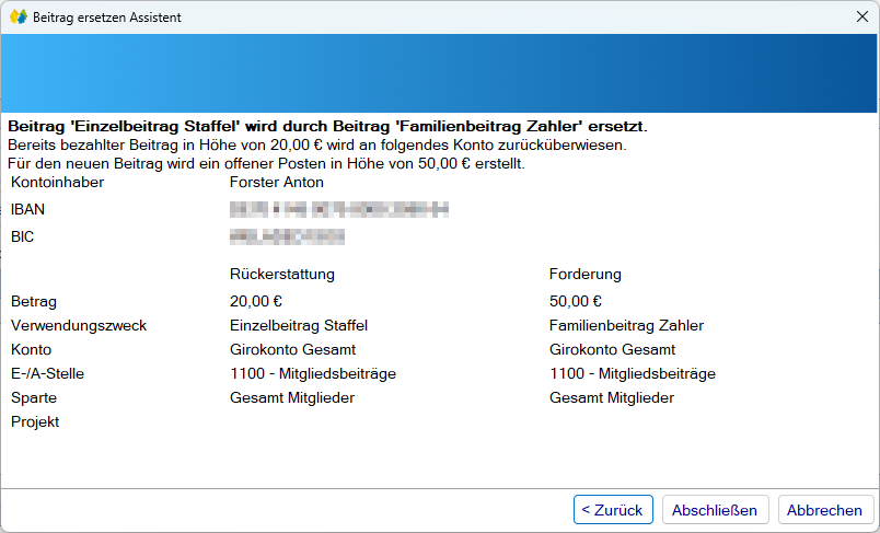 Mitgliedsdaten / Beitragsassistent/Ersetzen - Zurückerstatten - Zusammenfassung