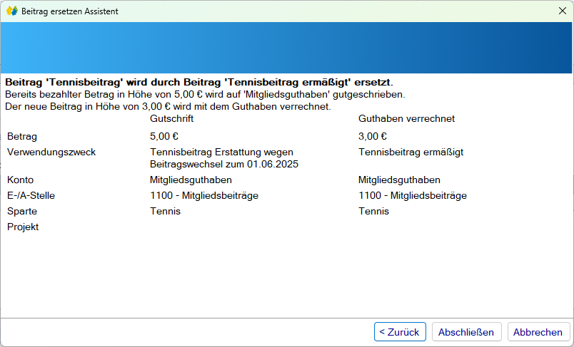 Mitgliedsdaten / Beitragsassistent/Ersetzen - Mitgliedskonto gutschreiben - Zusammenfassung