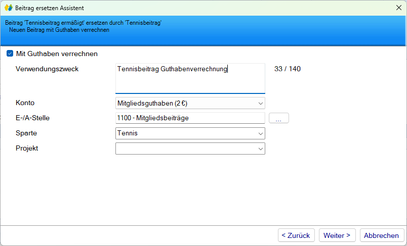 Mitgliedsdaten / Beitragsassistent/Ersetzen - Beitrag zurückerstatten - Verrechnung