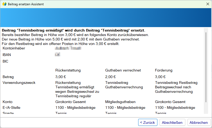 Mitgliedsdaten / Beitragsassistent/Ersetzen - Beitrag zurückerstatte - Zusammenfassung