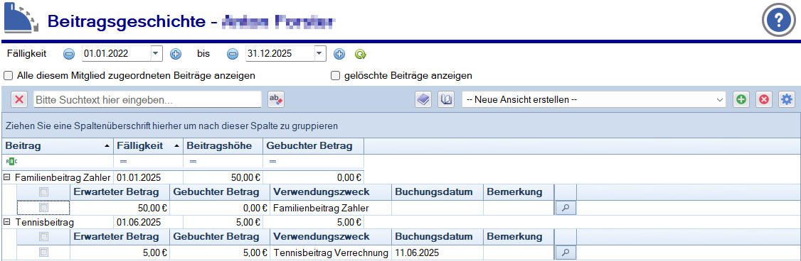 Mitgliedsdaten / Beitragsverlauf - Standardansicht