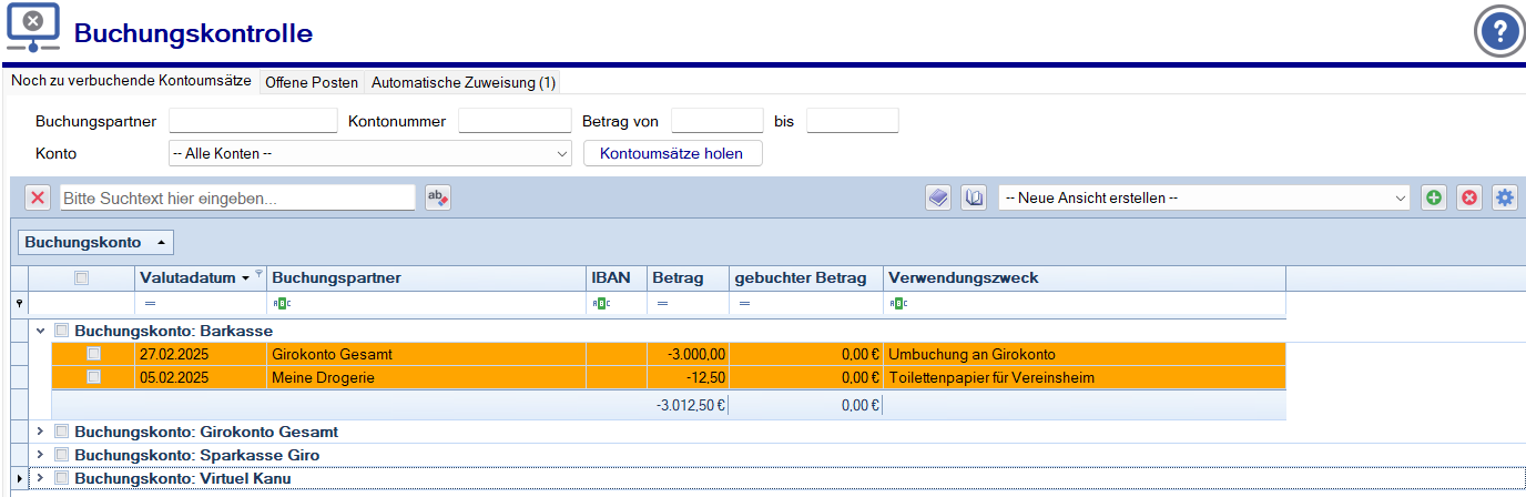 Übersicht Buchungskontrolle