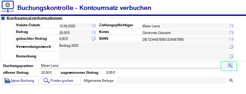 Neue Buchungsmaske - Beitragszahlung - kein Mitglied gefunden